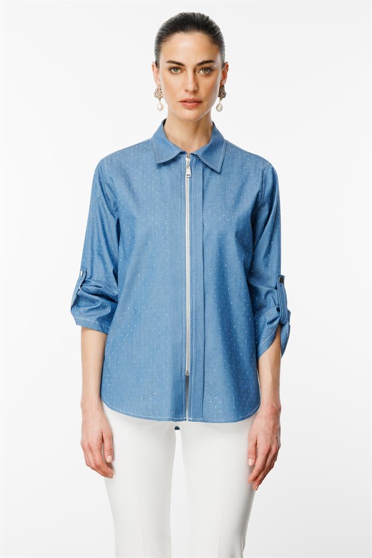Modailgi  Taş Detaylı Fermuar Kapamalı Gömlek Mavi