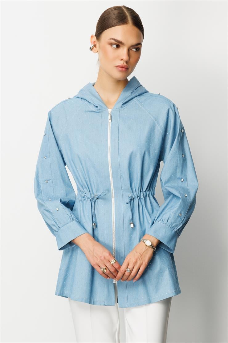 Modailgi  Taş Detaylı Fermuar Kapamalı Kapüşonlu Tunik Mavi
