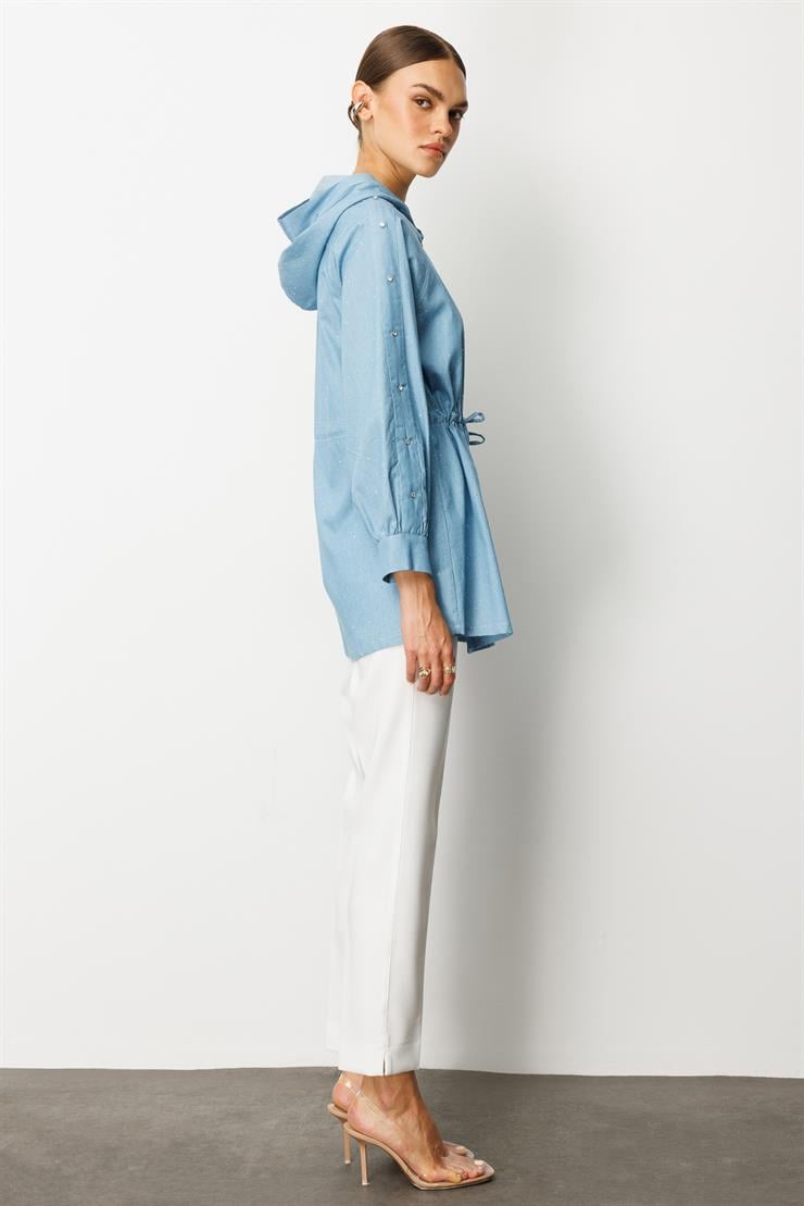 Modailgi  Taş Detaylı Fermuar Kapamalı Kapüşonlu Tunik Mavi