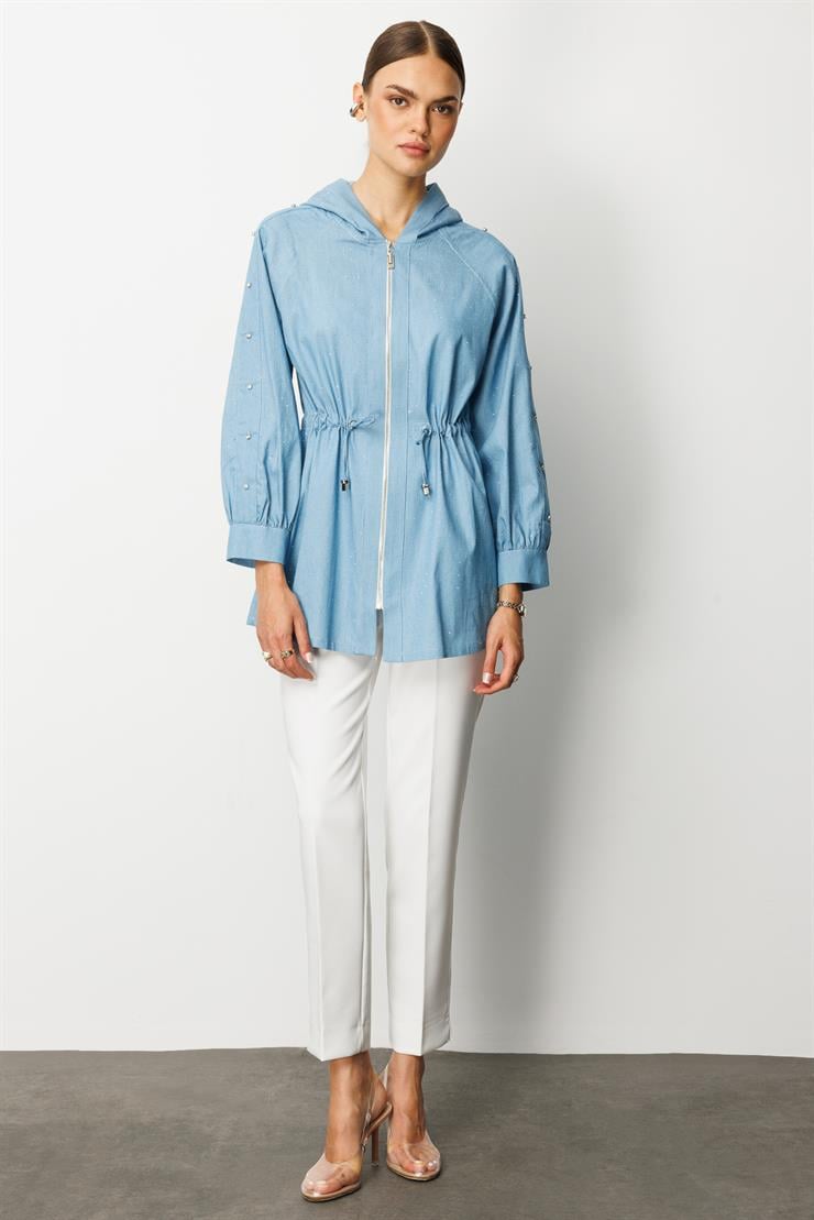 Modailgi  Taş Detaylı Fermuar Kapamalı Kapüşonlu Tunik Mavi