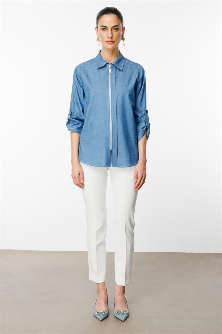 Modailgi  Taş Detaylı Fermuar Kapamalı Gömlek Mavi