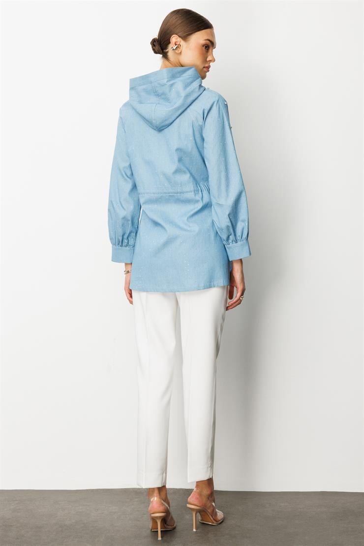 Modailgi  Taş Detaylı Fermuar Kapamalı Kapüşonlu Tunik Mavi