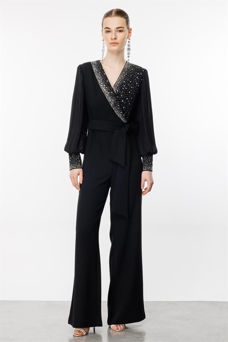 Modailgi  Taş Detaylı Kolları Piliseli Tulum Siyah