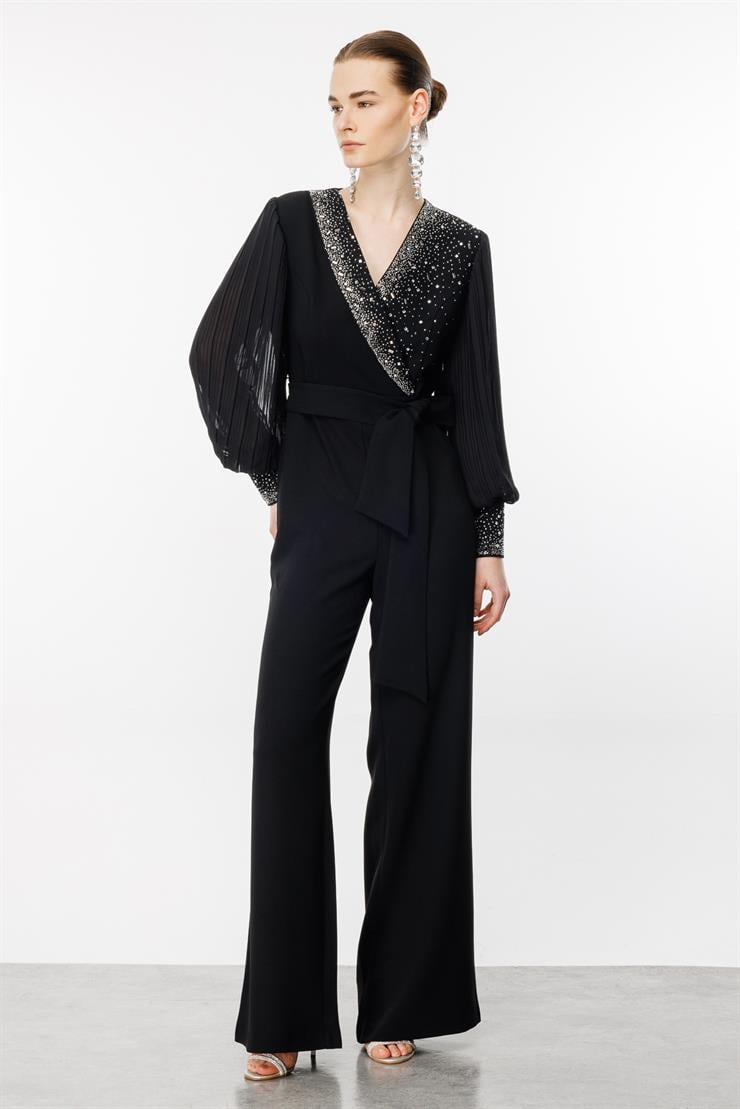 Modailgi  Taş Detaylı Kolları Piliseli Tulum Siyah