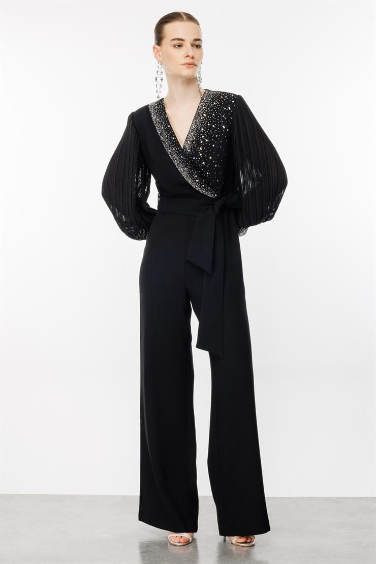 Modailgi  Taş Detaylı Kolları Piliseli Tulum Siyah