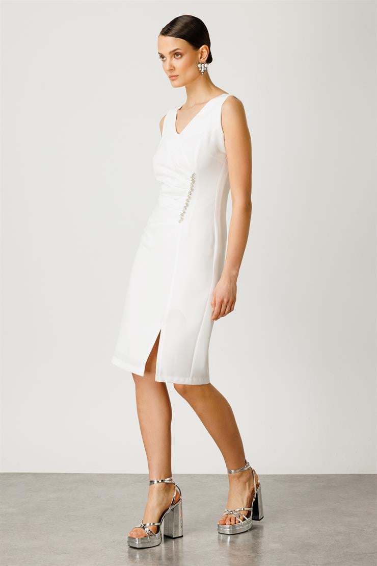 Modailgi  Taş Detaylı Midi Boy Kolsuz Elbise Ekru
