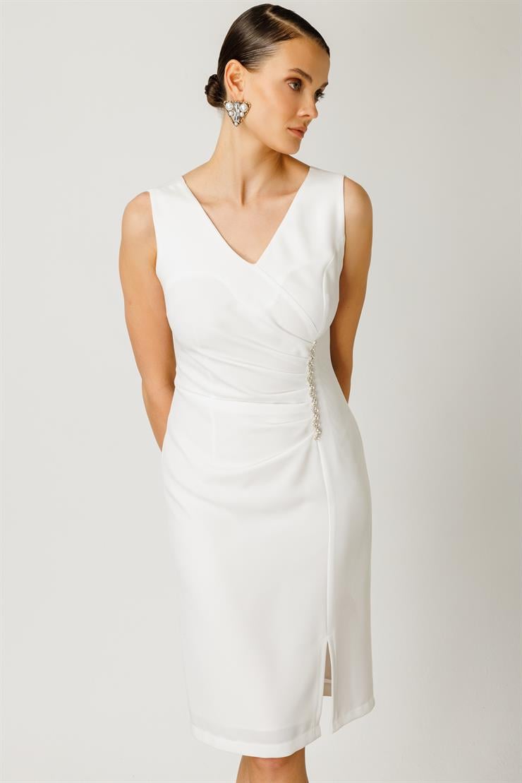 Modailgi  Taş Detaylı Midi Boy Kolsuz Elbise Ekru