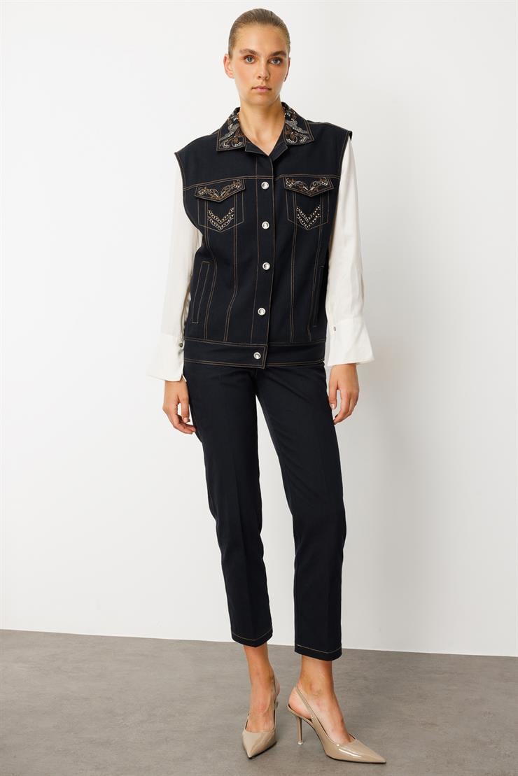 Modailgi  Taş Detaylı Oversize Denim Yelek - 40010 Lacivert