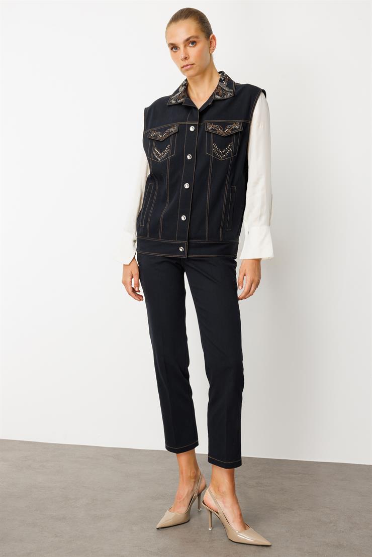 Modailgi  Taş Detaylı Oversize Denim Yelek - 40010 Lacivert