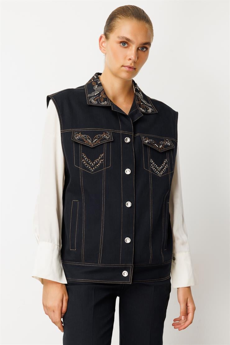 Modailgi  Taş Detaylı Oversize Denim Yelek - 40010 Lacivert