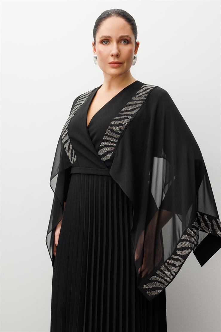 Modailgi  Taş Detaylı Pelerin Kollu Pilisoley Elbise Siyah