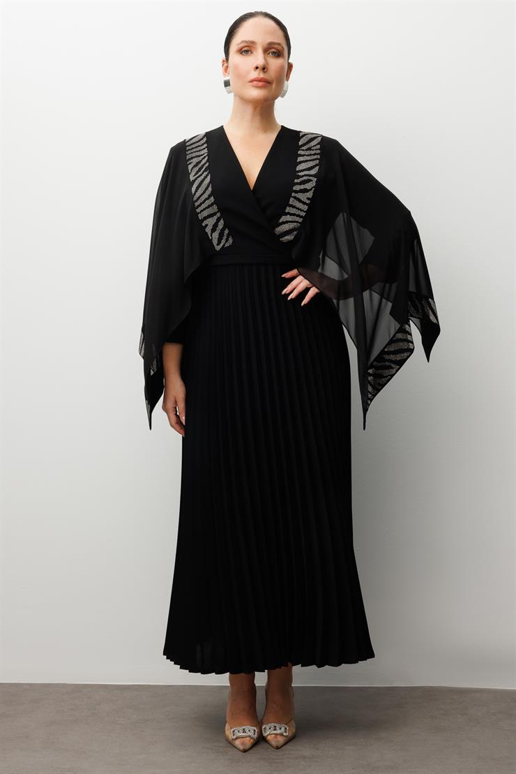 Modailgi  Taş Detaylı Pelerin Kollu Pilisoley Elbise Siyah