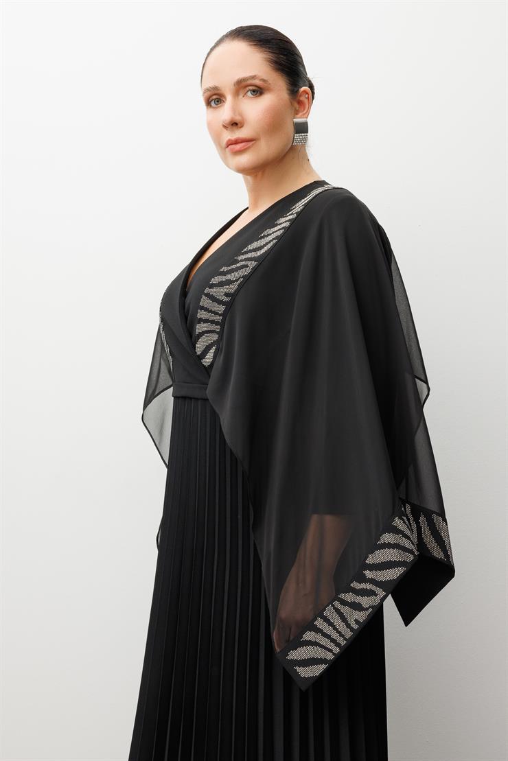 Modailgi  Taş Detaylı Pelerin Kollu Pilisoley Elbise Siyah