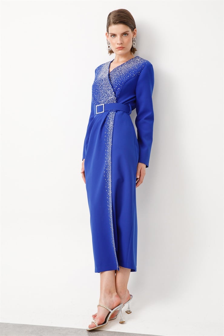 Modailgi  Taş Detaylı Uzun Elbise Saks