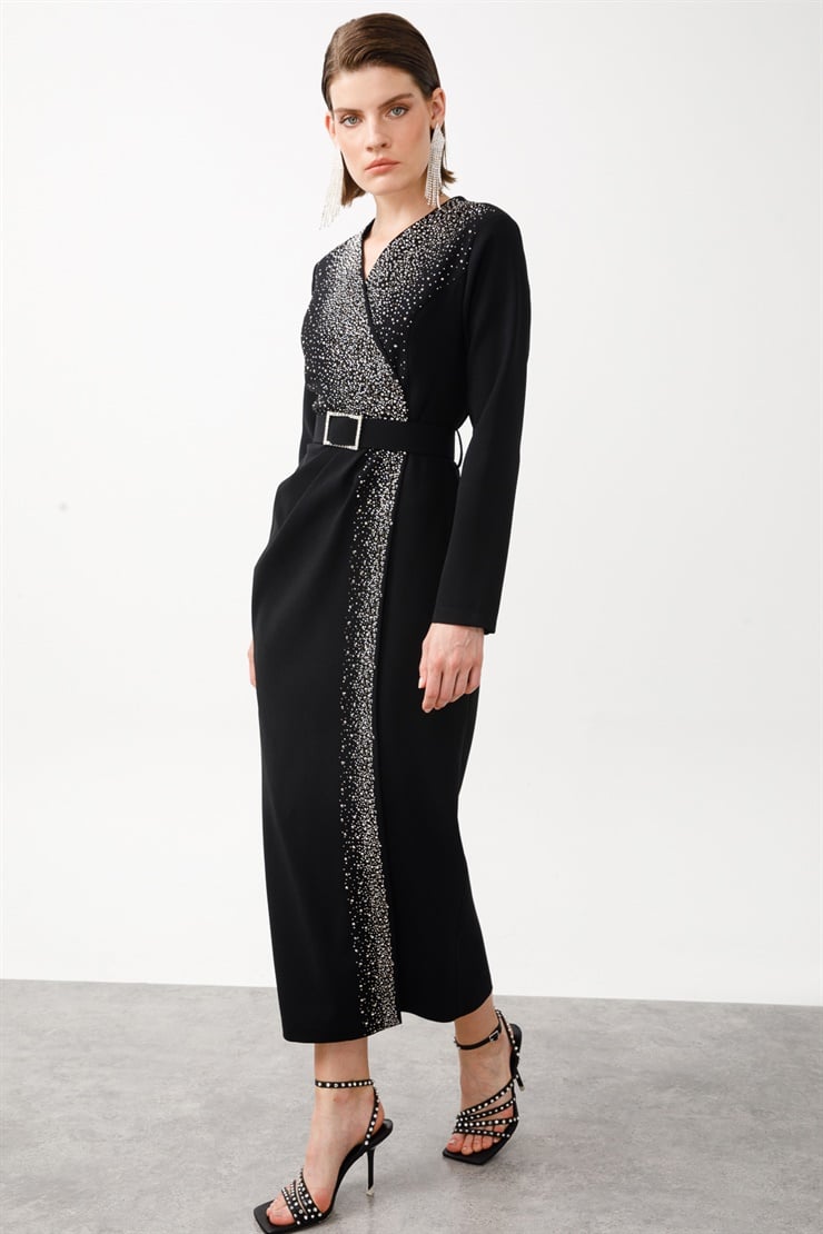 Modailgi  Taş Detaylı Uzun Elbise Siyah