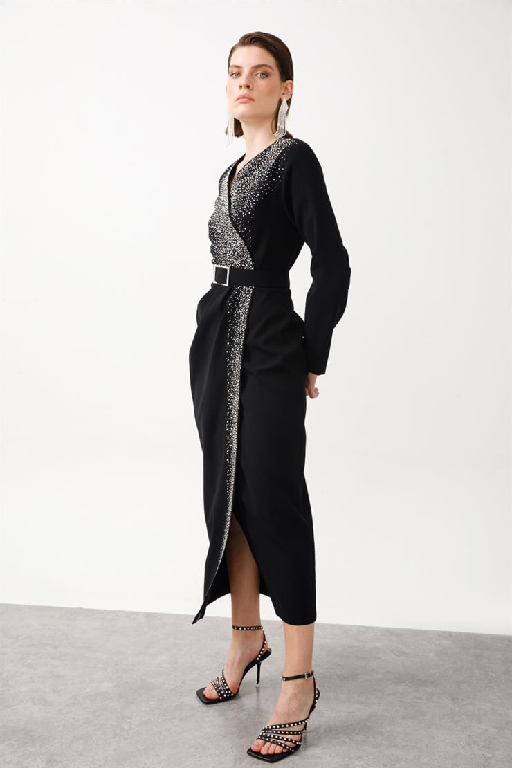 Modailgi  Taş Detaylı Uzun Elbise Siyah