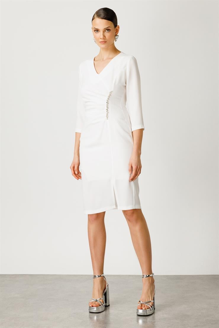 Modailgi  Taş Detaylı Yırtmaçlı Midi Boy Elbise Ekru