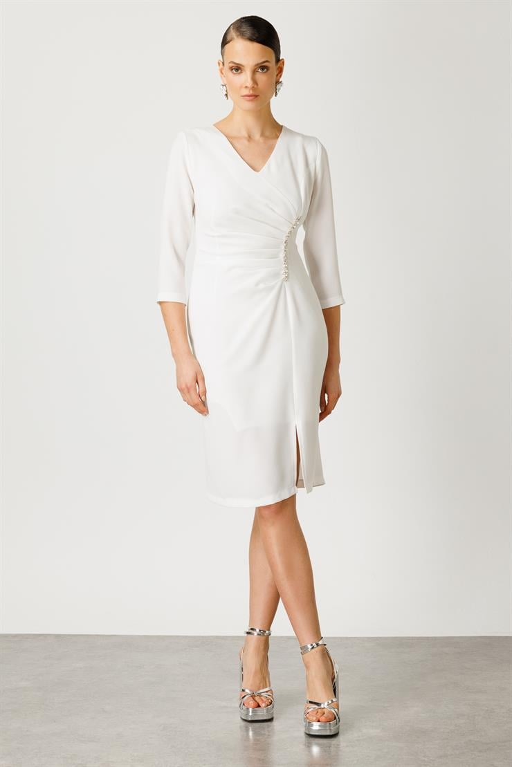 Modailgi  Taş Detaylı Yırtmaçlı Midi Boy Elbise Ekru