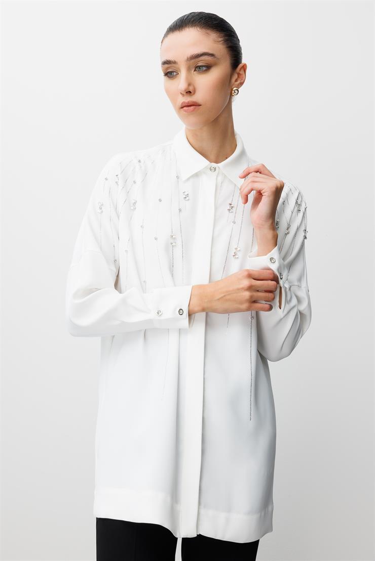 Modailgi  Taş Dizgi Detaylı Gizli Pat Oversize Gömlek Ekru