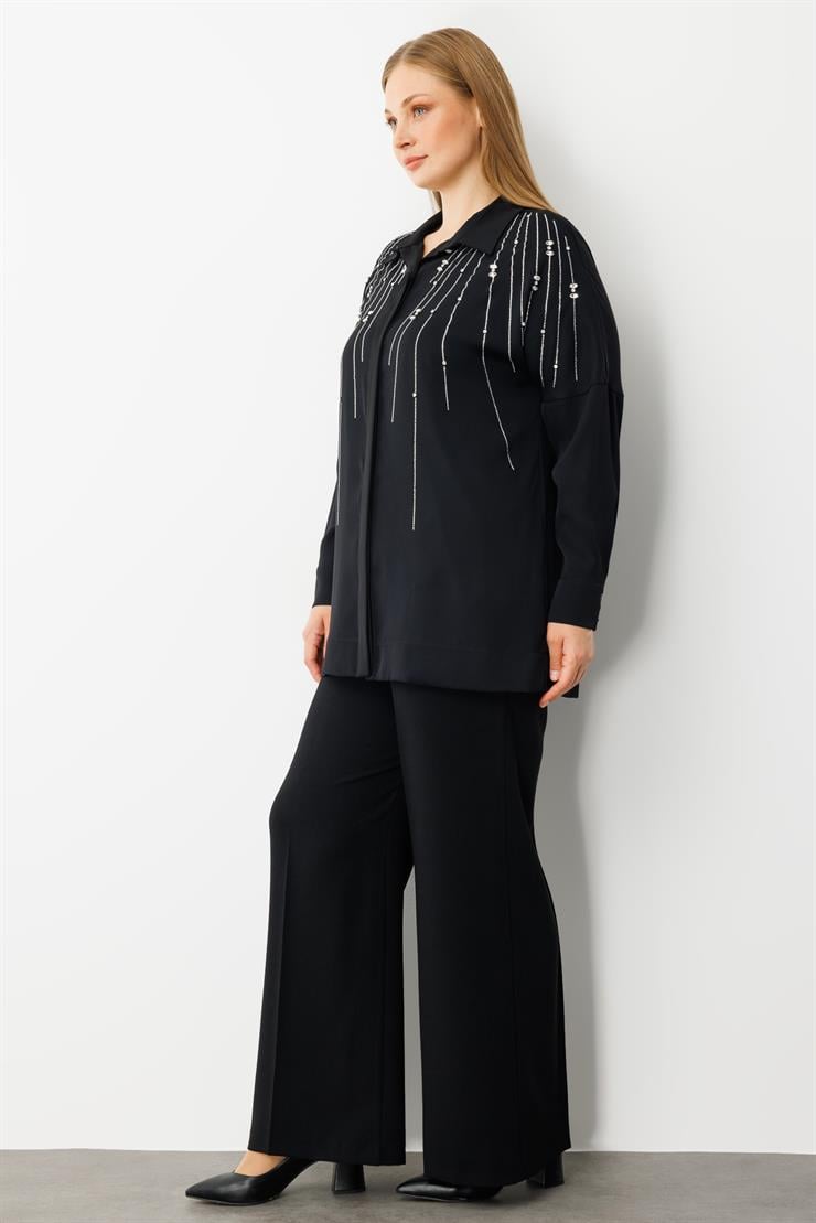 Modailgi  Taş Dizgi Detaylı Gizli Pat Oversize Gömlek Siyah