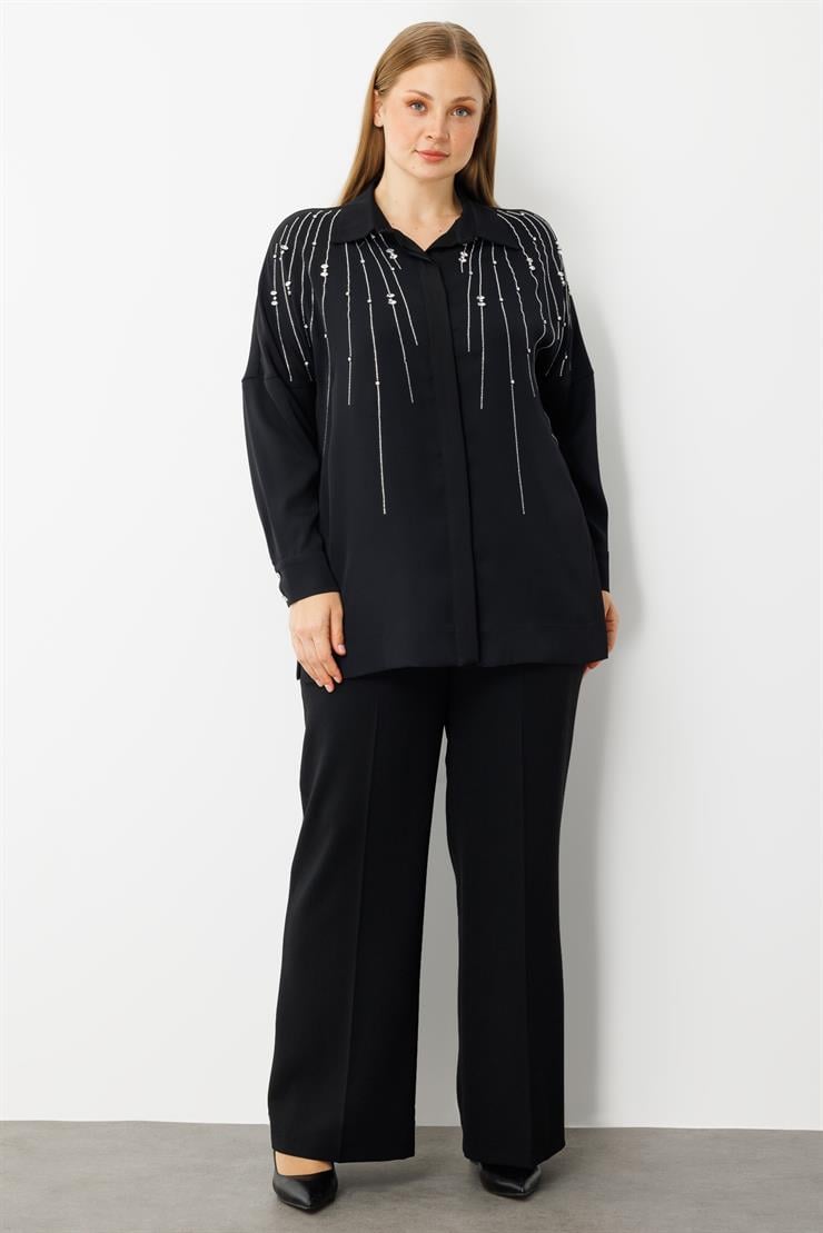 Modailgi  Taş Dizgi Detaylı Gizli Pat Oversize Gömlek Siyah