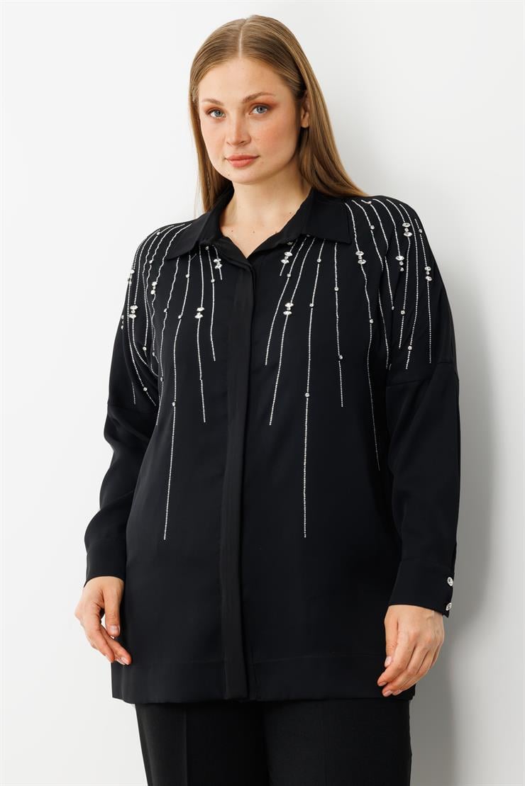 Modailgi  Taş Dizgi Detaylı Gizli Pat Oversize Gömlek Siyah