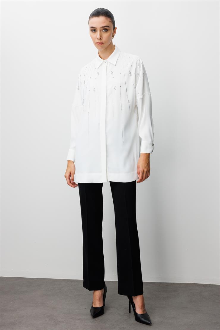 Modailgi  Taş Dizgi Detaylı Gizli Pat Oversize Gömlek Ekru