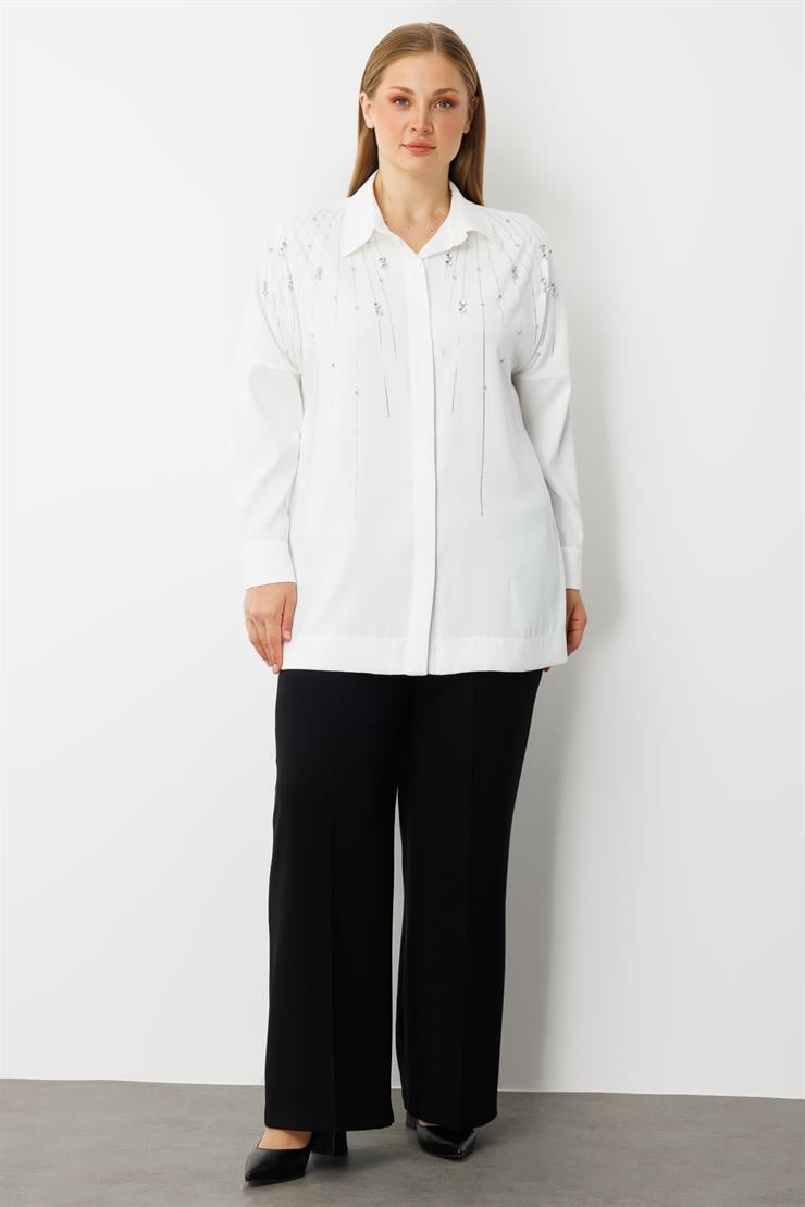 Modailgi  Taş Dizgi Detaylı Gizli Pat Oversize Gömlek Ekru