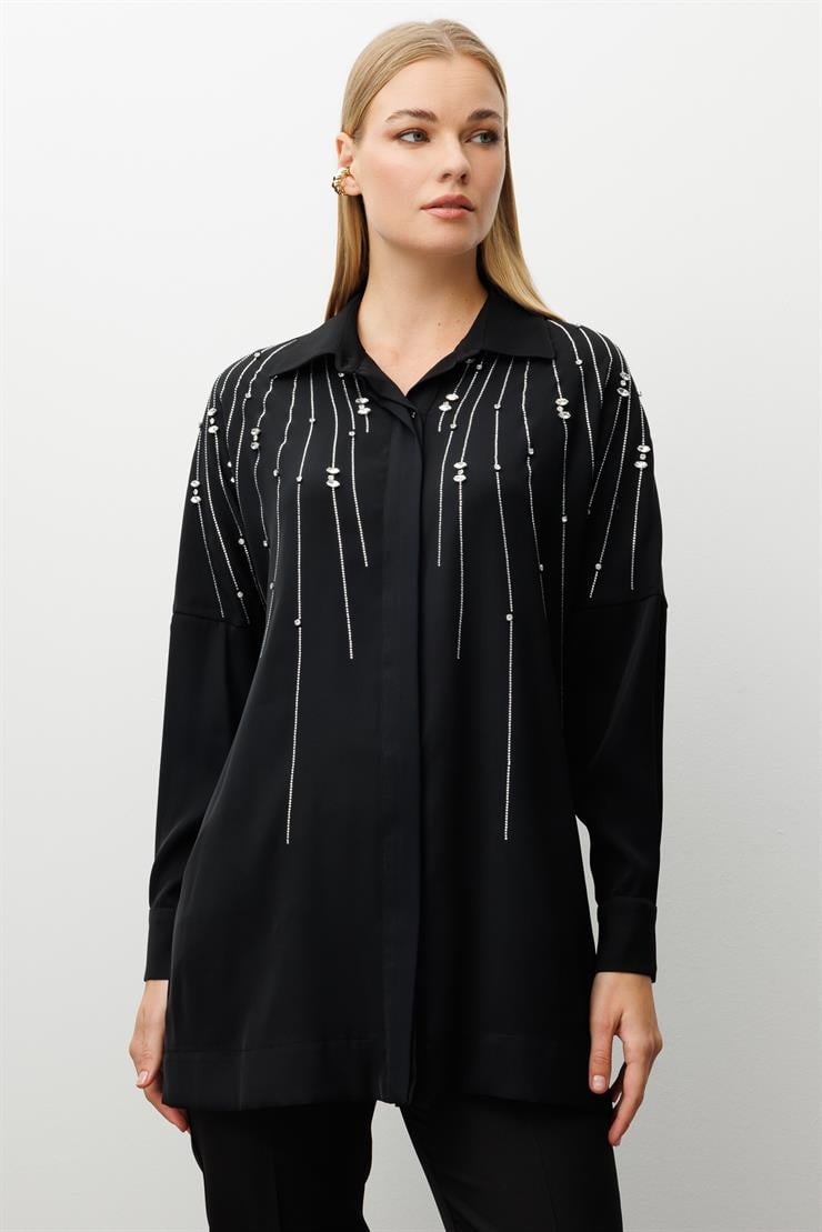 Modailgi  Taş Dizgi Detaylı Gizli Pat Oversize Gömlek Siyah