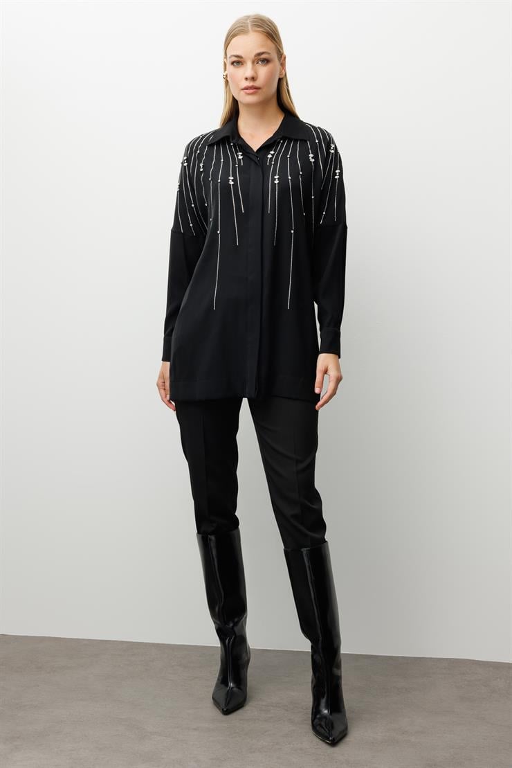 Modailgi  Taş Dizgi Detaylı Gizli Pat Oversize Gömlek Siyah