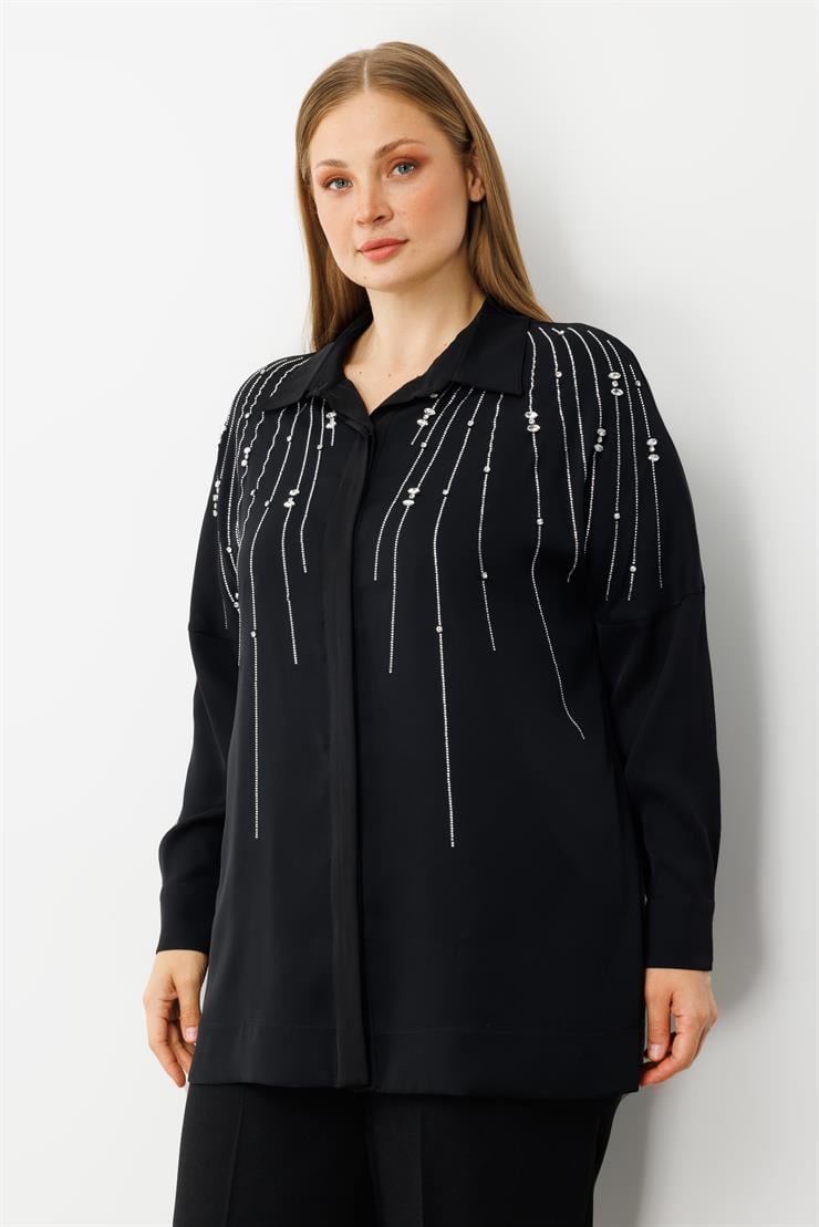 Modailgi  Taş Dizgi Detaylı Gizli Pat Oversize Gömlek Siyah