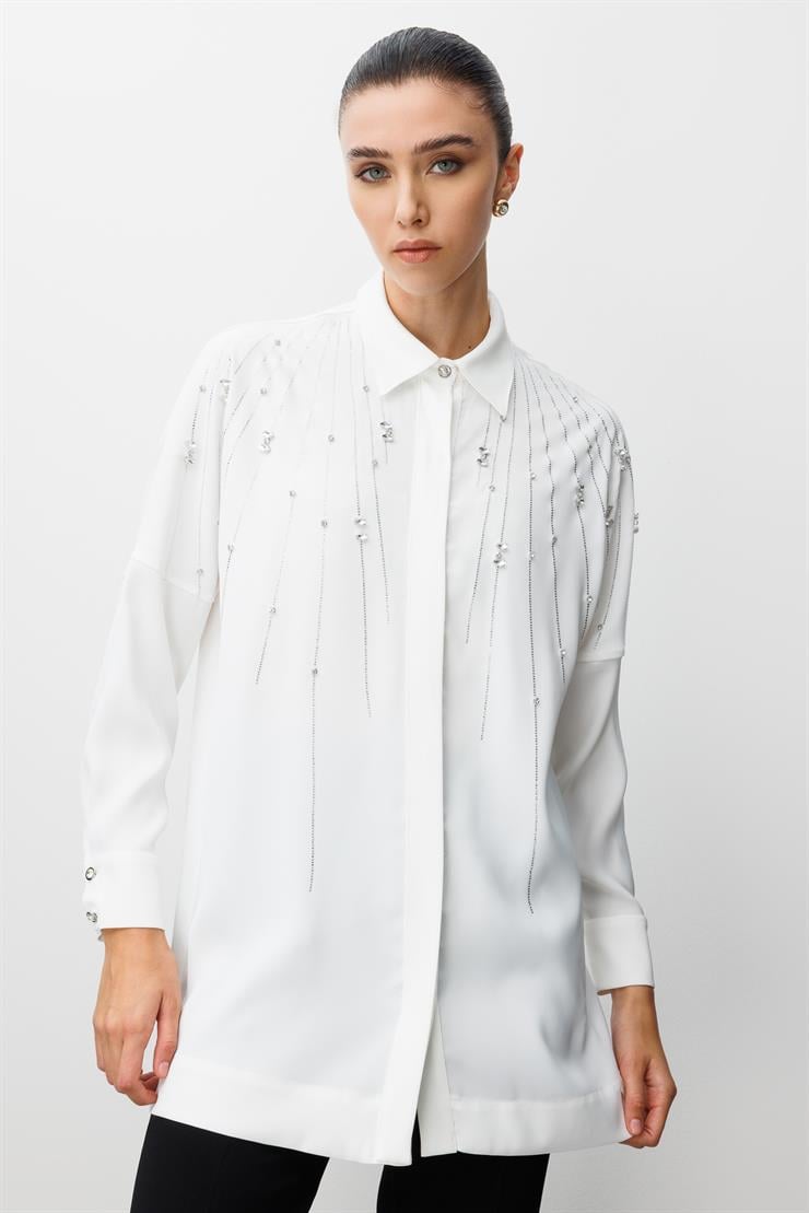 Modailgi  Taş Dizgi Detaylı Gizli Pat Oversize Gömlek Ekru