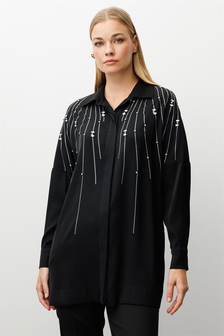 Modailgi  Taş Dizgi Detaylı Gizli Pat Oversize Gömlek Siyah