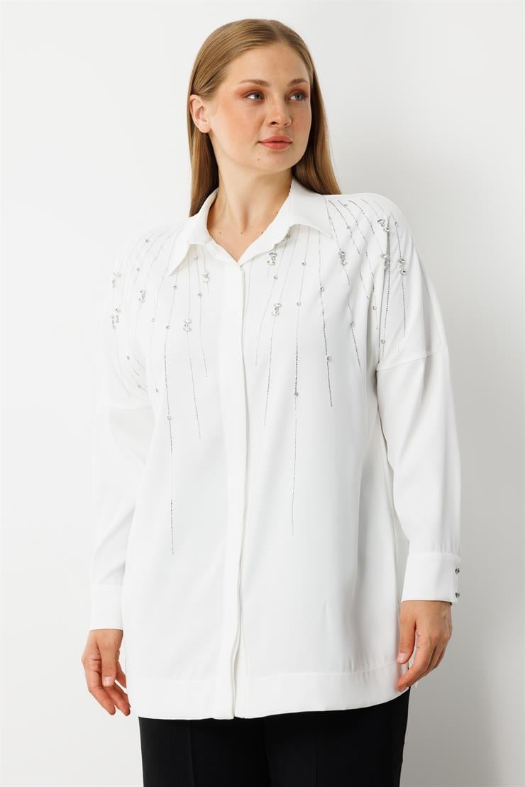 Modailgi  Taş Dizgi Detaylı Gizli Pat Oversize Gömlek Ekru
