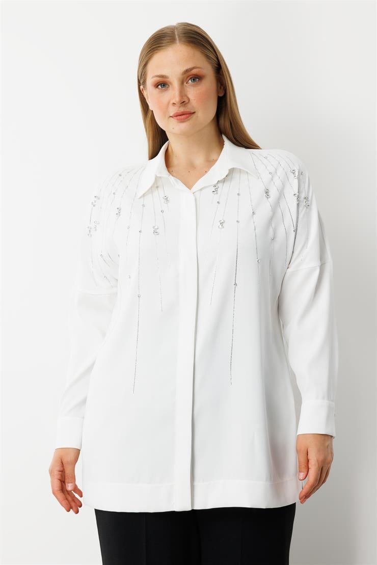 Modailgi  Taş Dizgi Detaylı Gizli Pat Oversize Gömlek Ekru