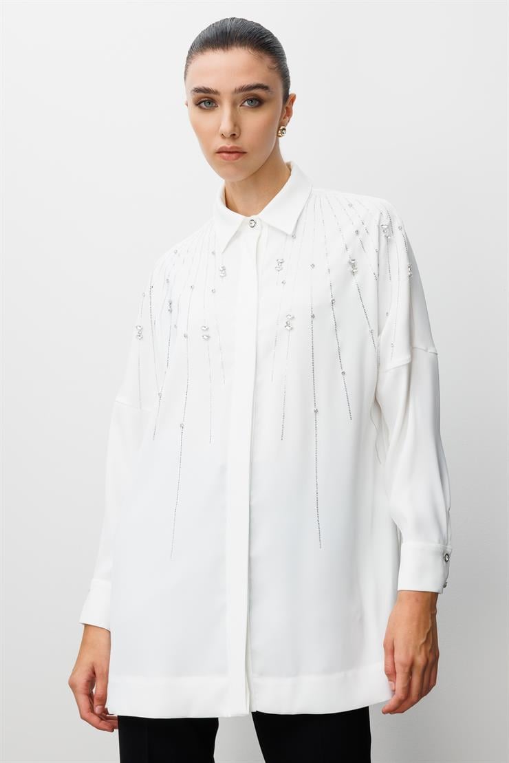 Modailgi  Taş Dizgi Detaylı Gizli Pat Oversize Gömlek Ekru