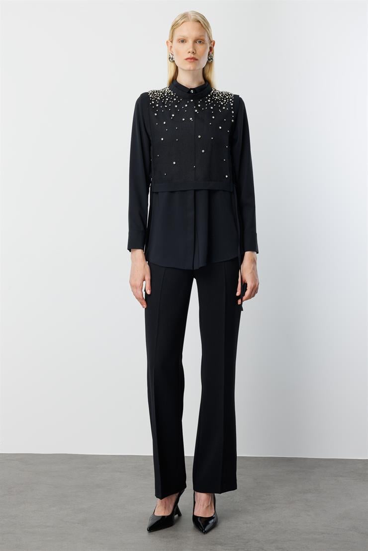 Modailgi  Taş İşlemeli Organze Süveter Gömlek Takım Siyah/Siyah
