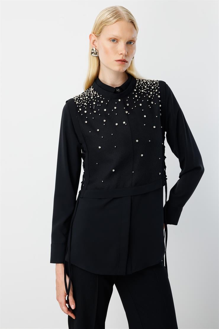 Modailgi  Taş İşlemeli Organze Süveter Gömlek Takım Siyah/Siyah