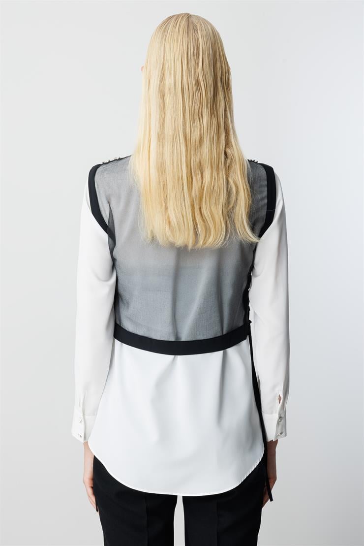 Modailgi  Taş İşlemeli Organze Süveter Gömlek Takım Ekru/Siyah