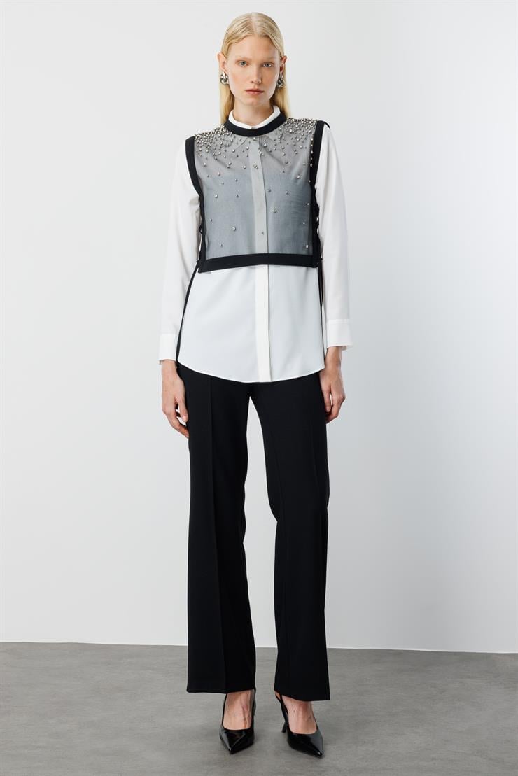 Modailgi  Taş İşlemeli Organze Süveter Gömlek Takım Ekru/Siyah
