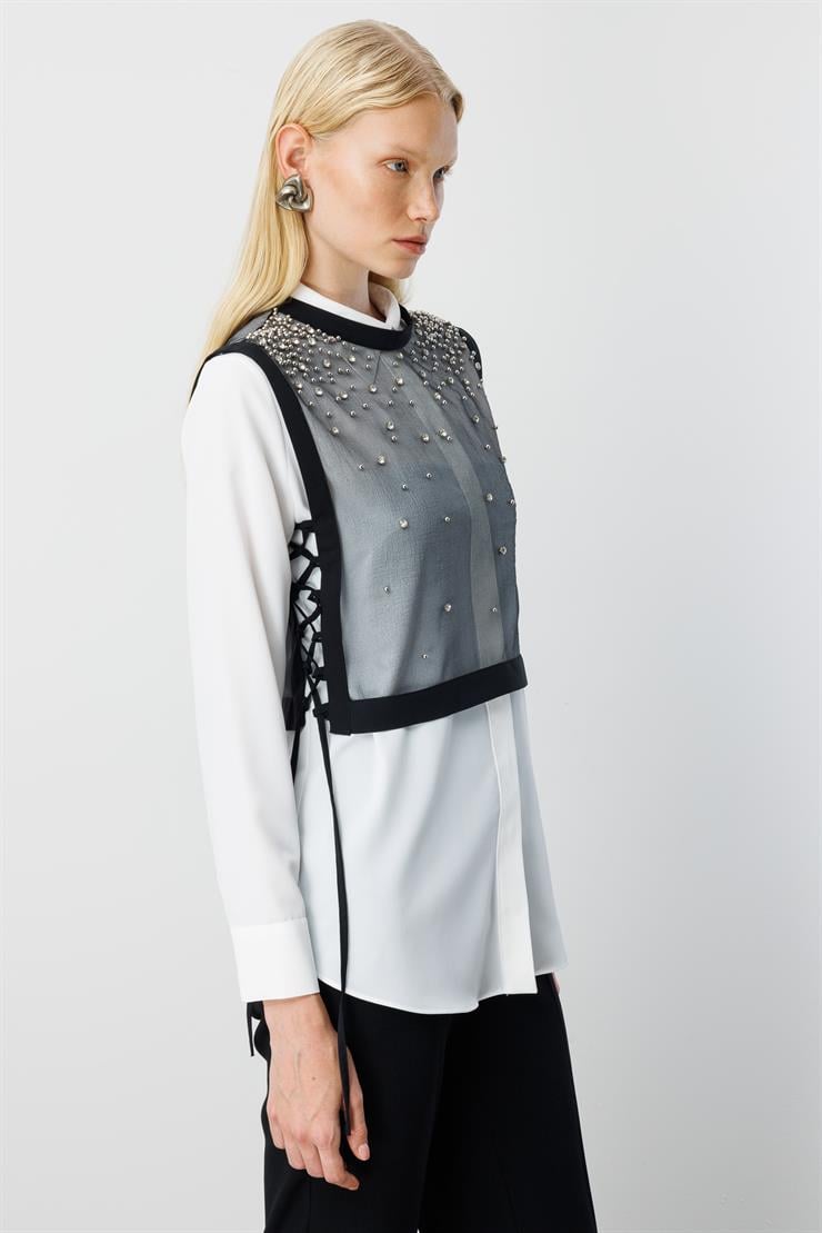 Modailgi  Taş İşlemeli Organze Süveter Gömlek Takım Ekru/Siyah