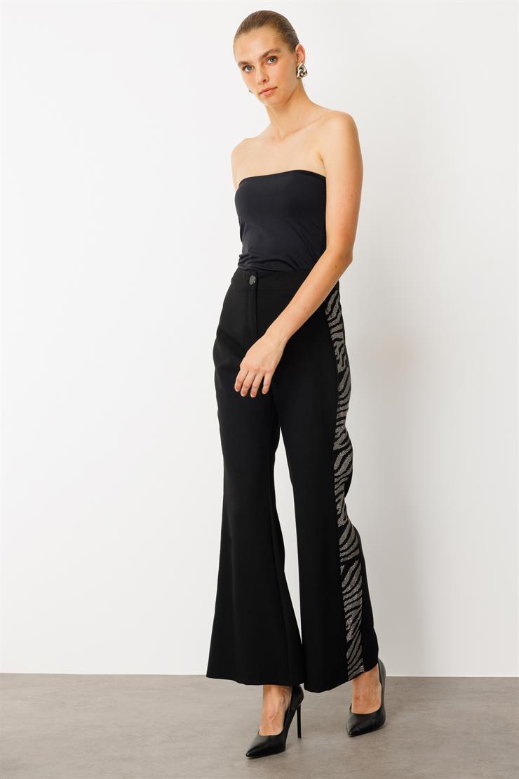 Modailgi  Taş Şeritli Bol Paça Pantolon - 70065 Siyah