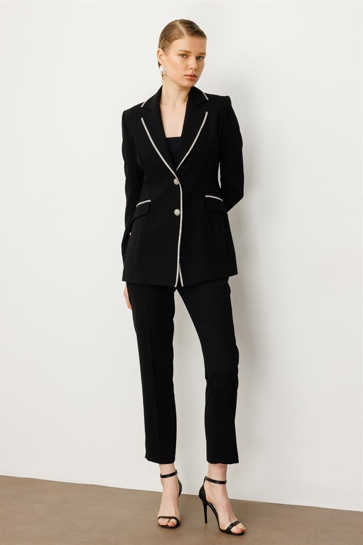 Modailgi  Taş Şeritli Çift Düğmeli Ceket Siyah