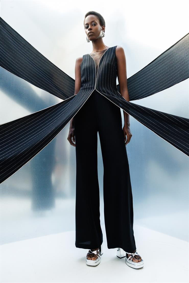 Modailgi  Taş Şeritli Simli Çizgili Tulum Siyah