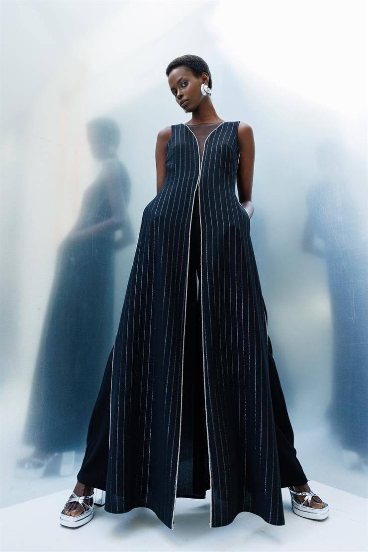 Modailgi  Taş Şeritli Simli Çizgili Tulum Siyah