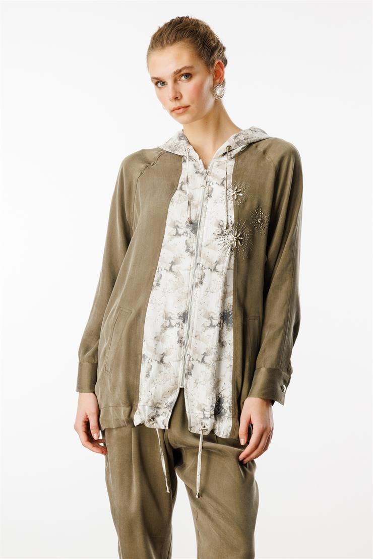 Modailgi  Taş ve İnci İşlemeli Düz Kumaş Garni Detaylı Kapüşonlu Tunik Orijinal