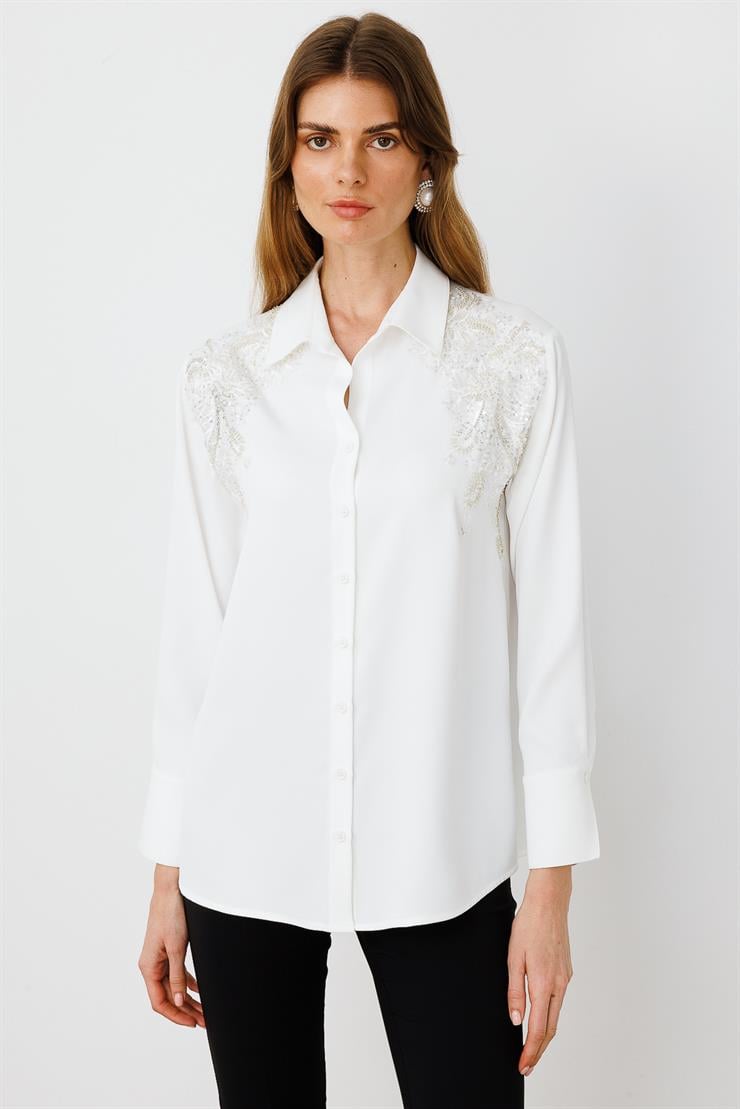 Modailgi  Taşlı Aksesuar Detaylı Rahat Kesim Gömlek Ekru