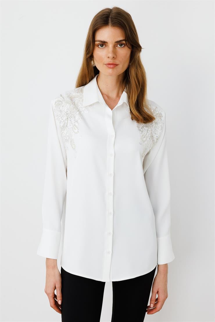 Modailgi  Taşlı Aksesuar Detaylı Rahat Kesim Gömlek Ekru