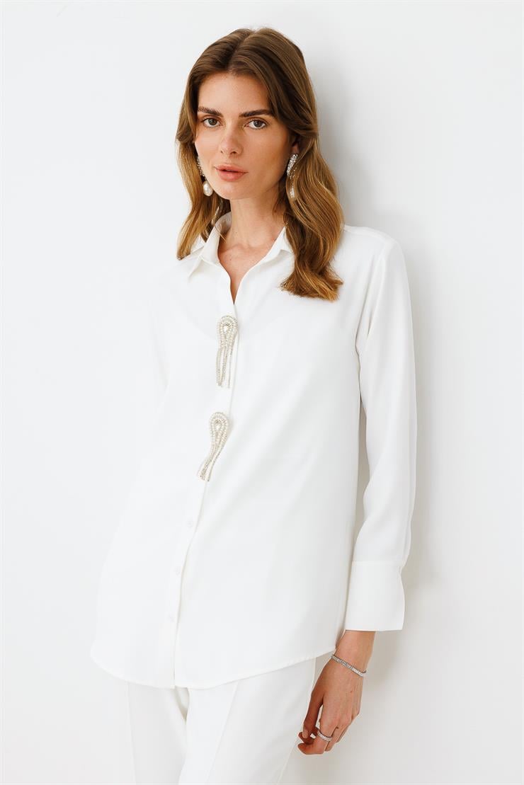 Modailgi  Taşlı Broş Aksesuarlı Rahat Kesim Gömlek Ekru