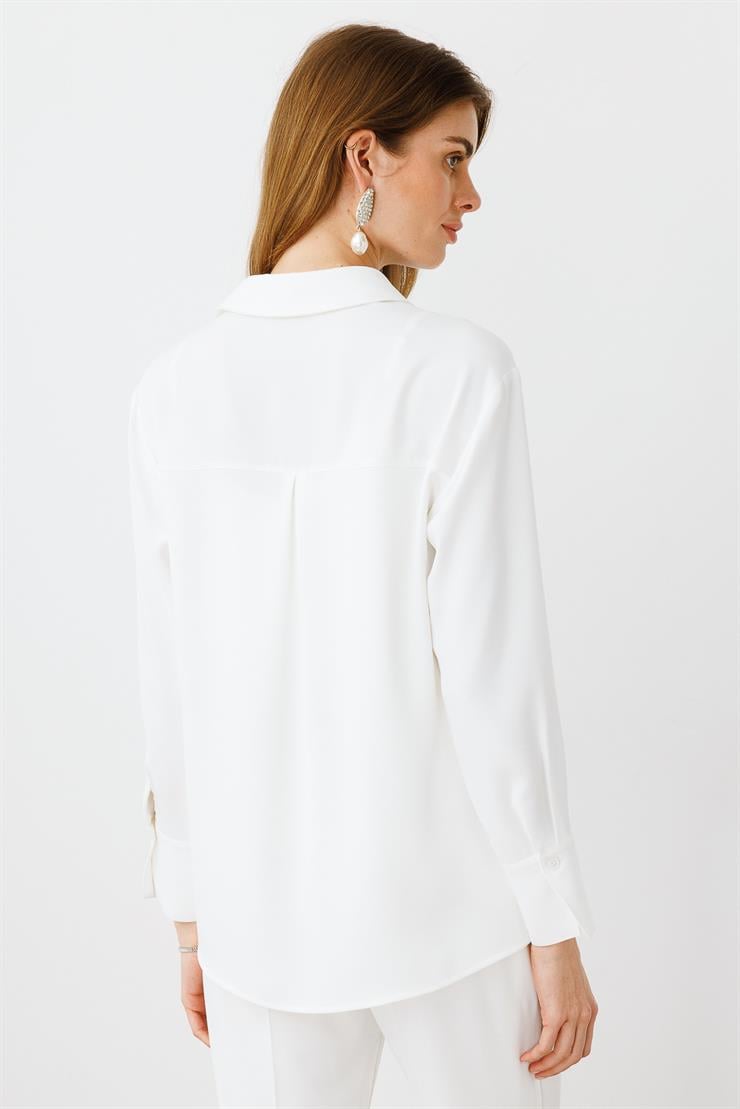 Modailgi  Taşlı Broş Aksesuarlı Rahat Kesim Gömlek Ekru